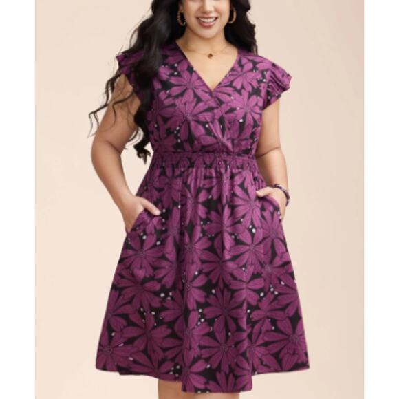 BloomChic Dresses & Skirts - BLOOMCHIC 22-24 3X Plus Purple Floral Shirred Elastic Waist Knee Dress NWT B43